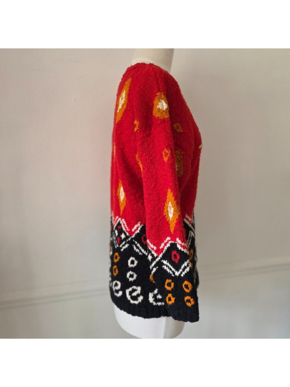 Carole Little Hand Knit Ethnic Geometric Sweater Red Black Orange S - Picture 2 of 6